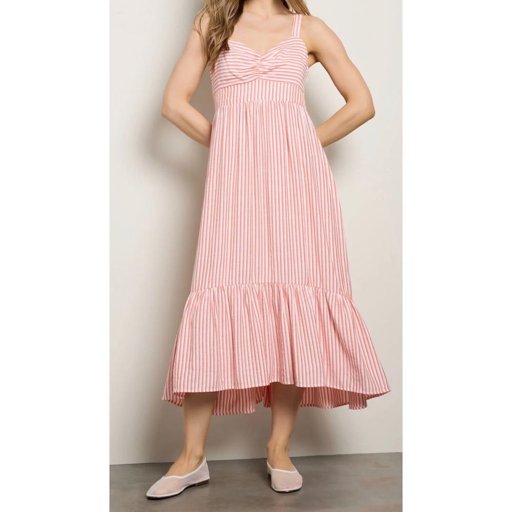Skies‎ Are Blue Red/Orange White Striped Midi Dress Sleeveless Size L Boho